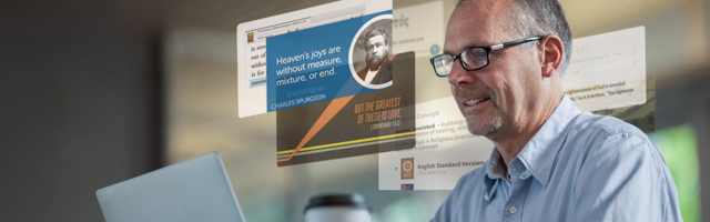 Ausschnitte von Logos Bibelsoftware mit Mann am Laptop