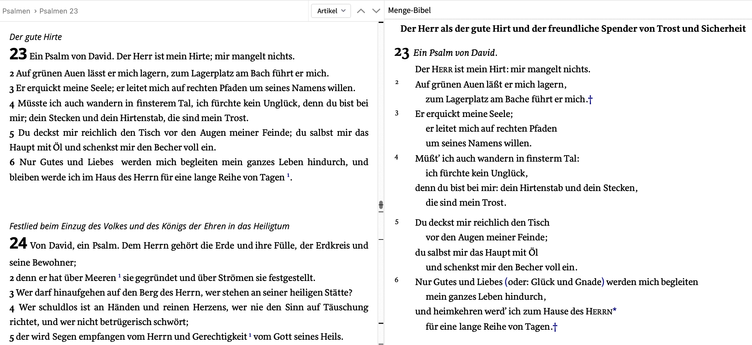 Menge-Bibel: Ein Vergleich von Psalm 23 in verschiedenen Ausgaben