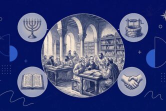 Grafisches Headerbild zum Babylonischen Talmud: Rabbinen im historischen Debattierhaus (Bet Midrasch) umgeben von Symbolen für jüdisches Recht und Tradition.
