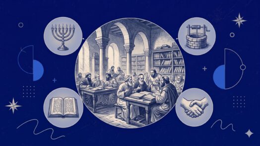 Grafisches Headerbild zum Babylonischen Talmud: Rabbinen im historischen Debattierhaus (Bet Midrasch) umgeben von Symbolen für jüdisches Recht und Tradition.