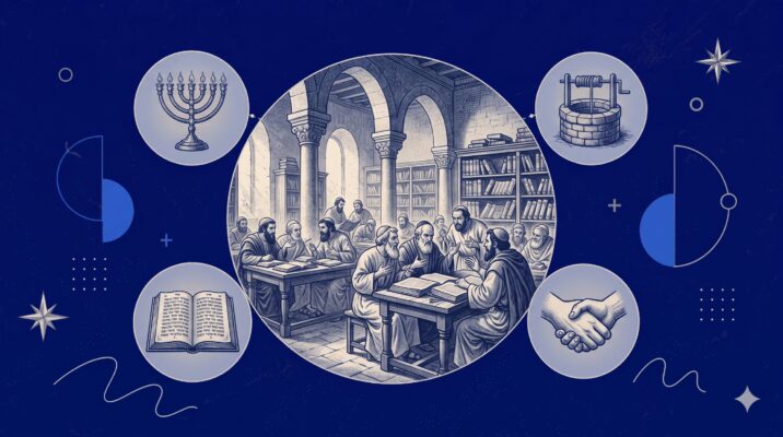 Grafisches Headerbild zum Babylonischen Talmud: Rabbinen im historischen Debattierhaus (Bet Midrasch) umgeben von Symbolen für jüdisches Recht und Tradition.